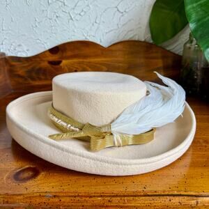 Vintage 1960s Wide Brim Hat Dolores M Chestnut Ivory Wool Felt Feather Gold Trim